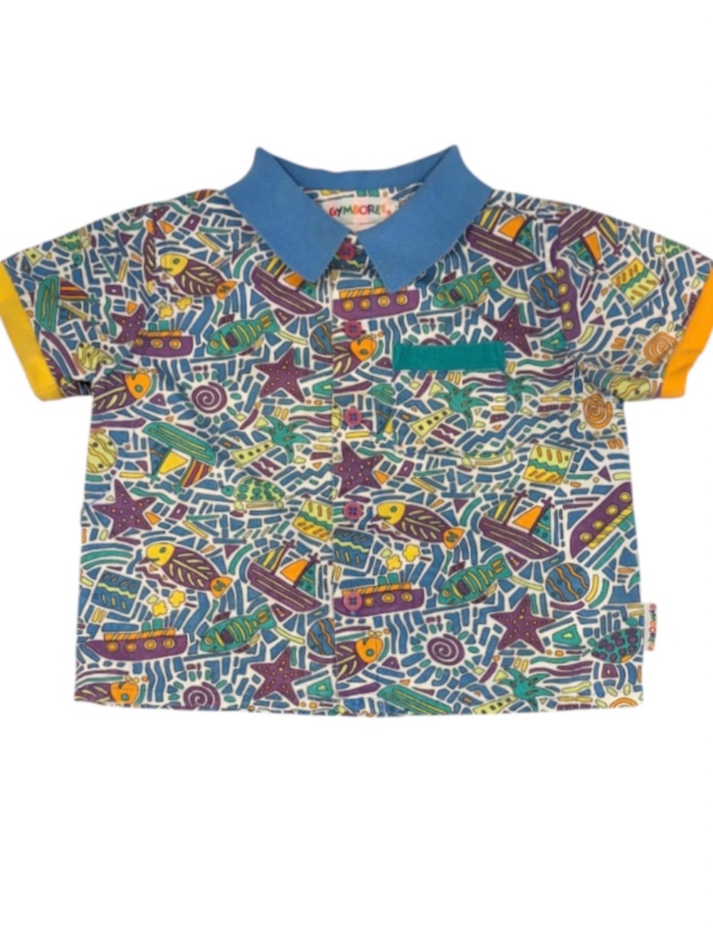 VTG Gymboree Multicolor Ocean Print Polo with Blue Collar and Yellow Cuffs